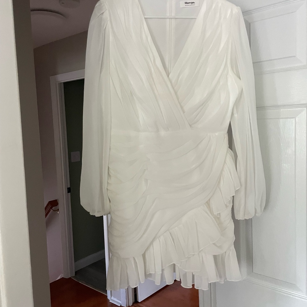 Showpo White Sheath Dress with V-Neck and Bishop Sleeves